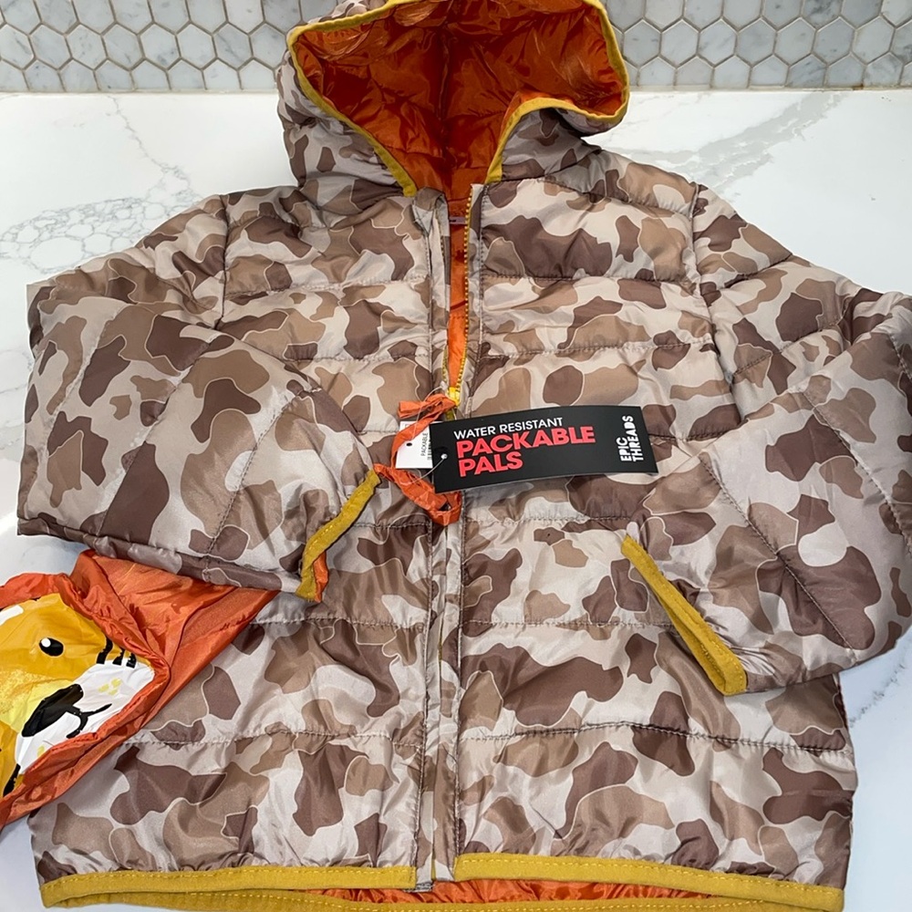 Boys Coat Epic Threads Hooded Jacket Puffer Coat Brown Camo Unisex Size 7 Kids - Picture 1 of 12